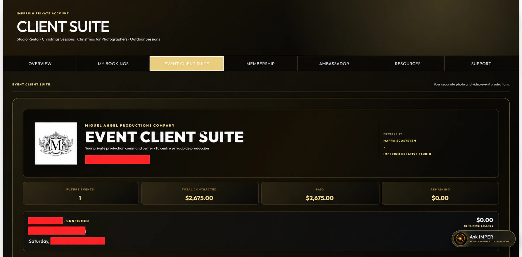 Privacy-redacted Event Client Suite overview showing one event and a fully paid balance