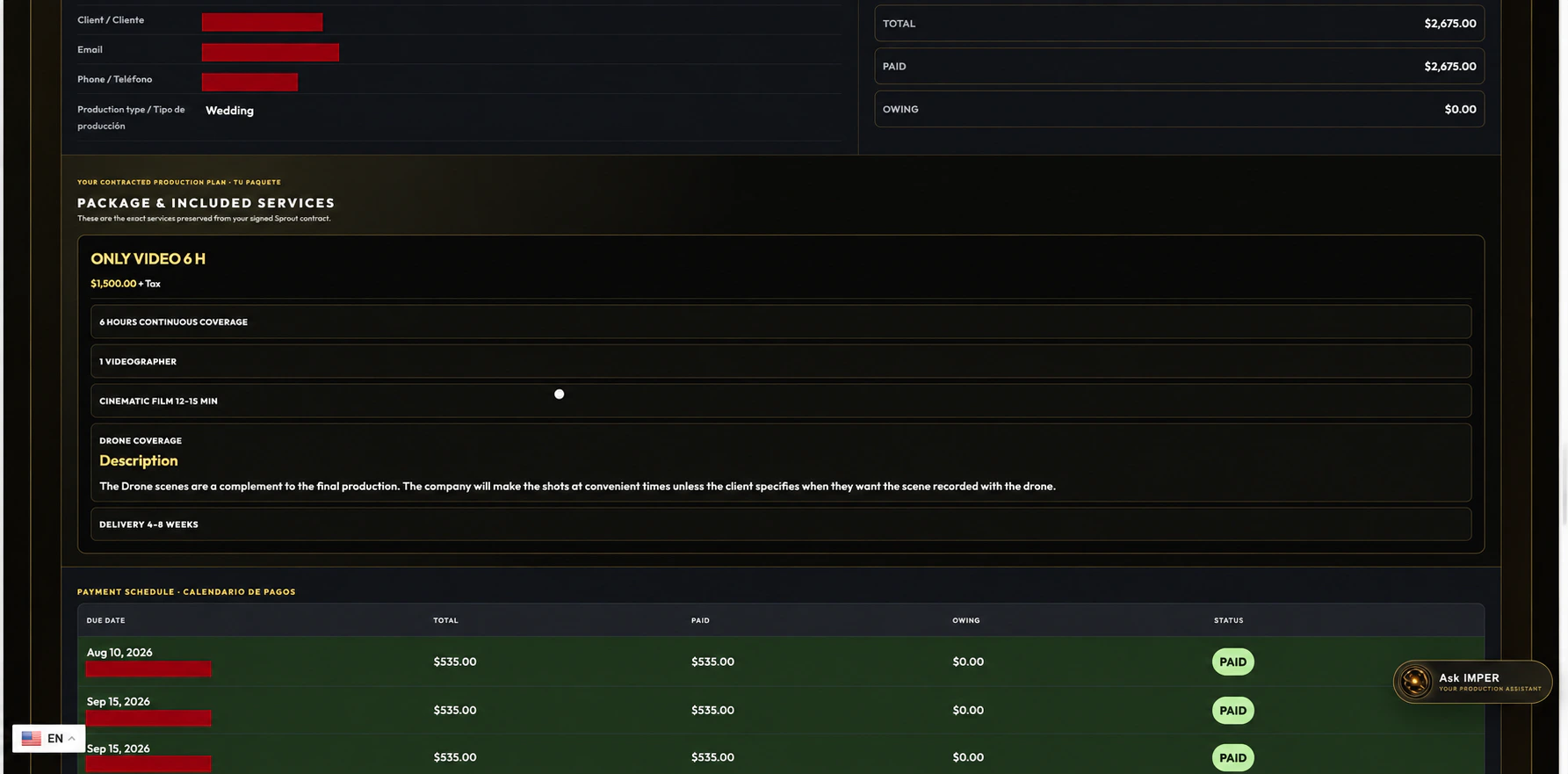 Real event account with identifying information redacted, showing contracted services and total, paid and owing balances
