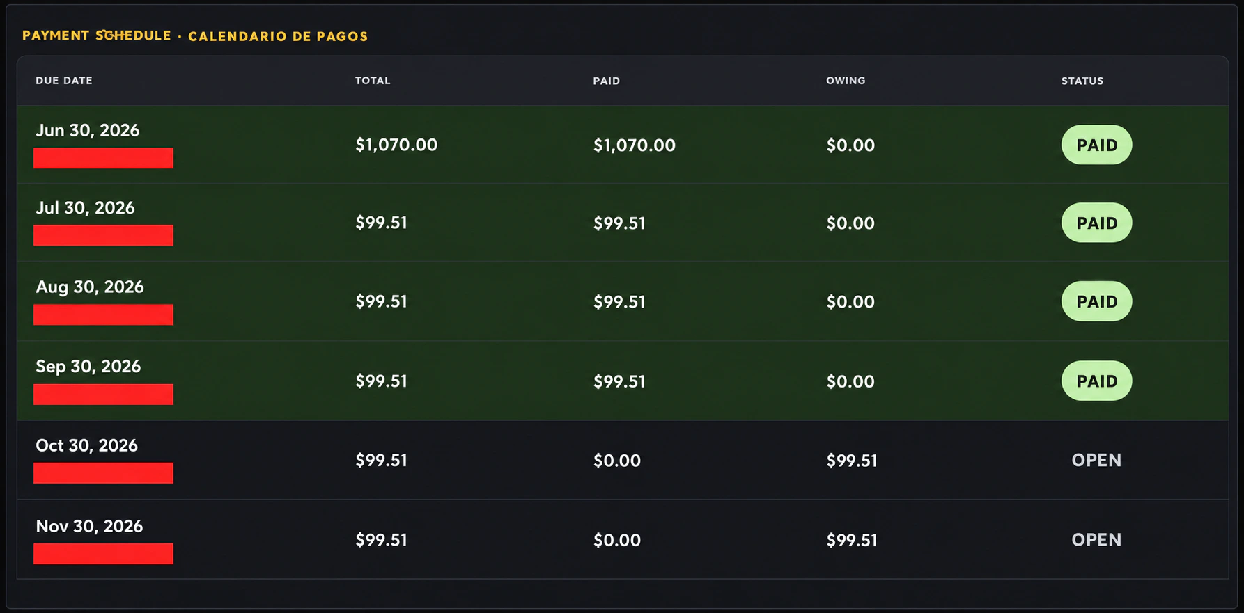Privacy-redacted real payment schedule with dated paid installments and upcoming open installments